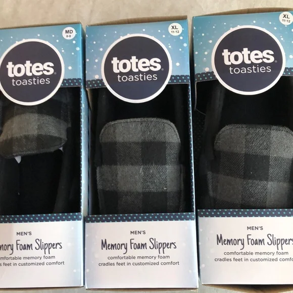 Totes Men’s Black Gray Plaid Memory Foam Slippers Size M (8-9) and XL (11-12) - Picture 11 of 11